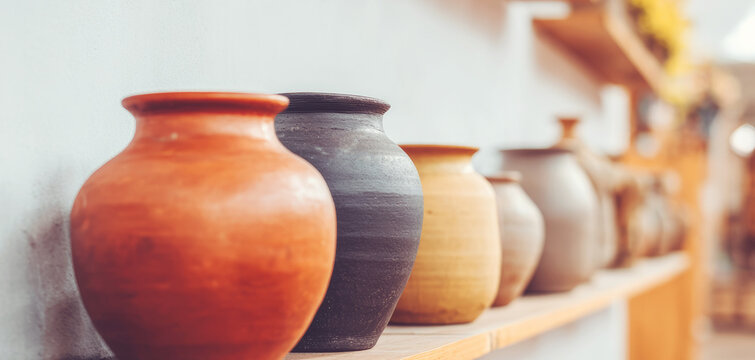 Handmade earthenware vessels lining a shelf, showcasing varied shapes, warm clay tones, and traditional pottery craftsmanship