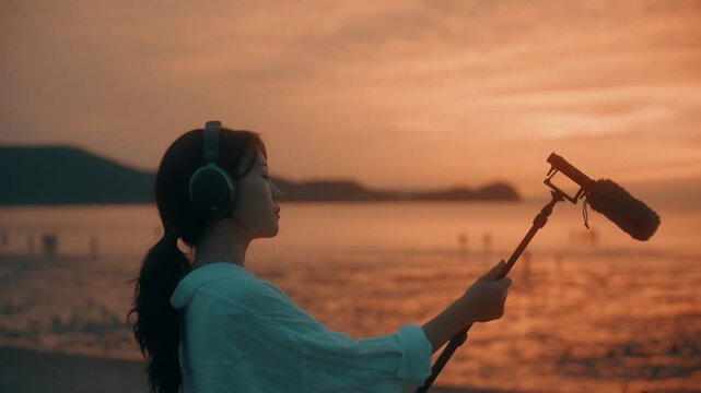 Close-Up of Young Woman Wearing Headphones and Holding Shotgun Microphone to Record Ambient Sound at Sunset Beach