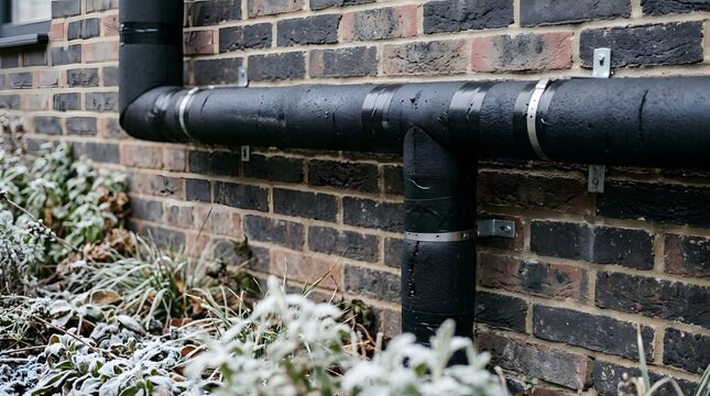 Black insulated pipe mounted on brick wall during winter morning