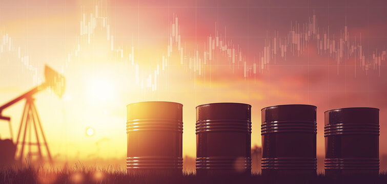 Oil barrels and a pumpjack silhouetted against a glowing sunset, with energy price charts overlaying a petroleum landscape