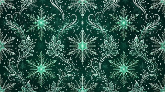 Seamless vector pattern featuring intricate ice crystals, futuristic glowing snowflakes, and biomorphic organic curves on a deep emerald green background.