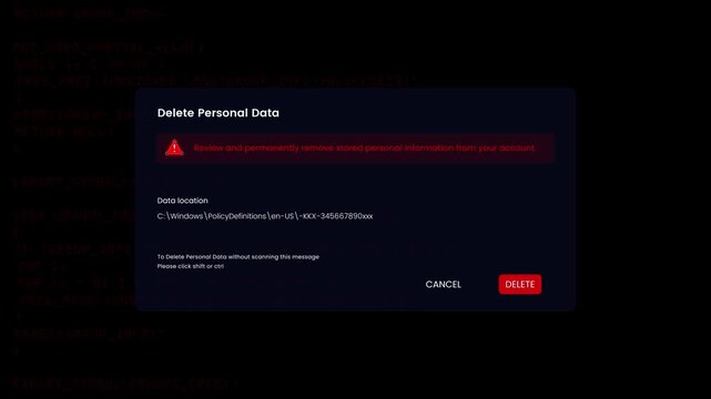 System directory database deletion warning animation featuring critical security alert
