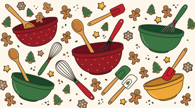 Christmas baking utensils pattern illustration featuring colorful mixing bowls and gingerbread cookies