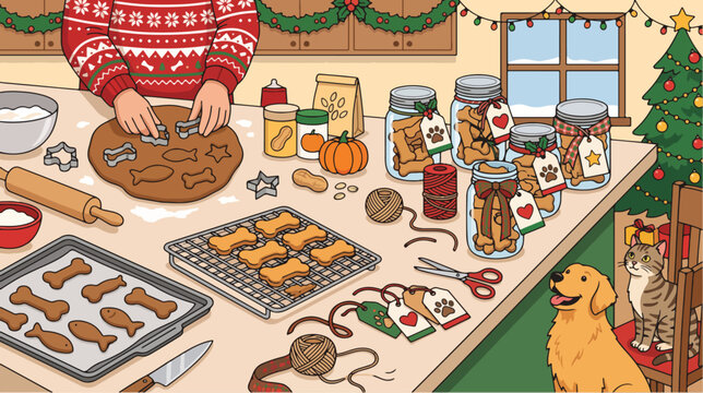 Christmas dog treats preparation vector illustration featuring handmade cookies baking and festive kitchen scene