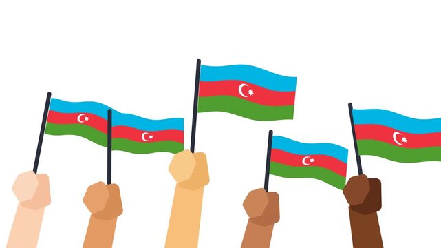 Azerbaijan flags waving in the wind held by hands Azerbaijani national celebration animation on white background