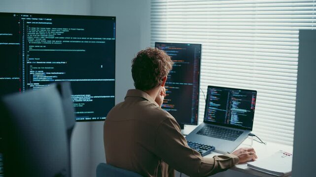 Young Caucasian male programmer working on coding in startup office workspace. Software developer artificial intelligence engineer technology, computer network digital system server security concept.