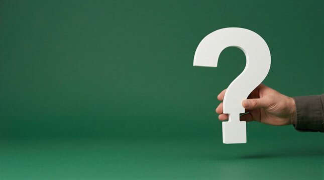 Hand holding large white question mark on plain green background. Copy space beside raised symbol. Question mark sign for doubt, curiosity and confusion concept. Help and FAQ symbol.