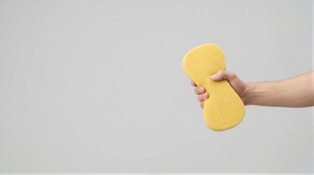 Hand holding a large yellow cleaning sponge against a plain gray background. Grip on absorbent foam sponge. Household cleaning and washing concept. Housework supply.