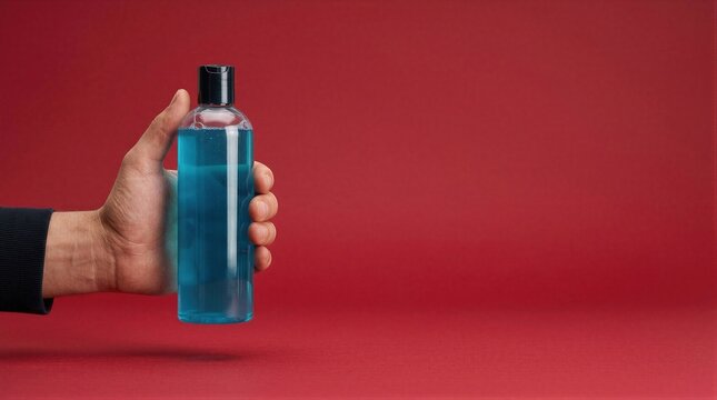 Hand holding transparent plastic bottle of blue shower gel on deep red background. Cosmetic bottle with liquid shampoo or body wash product. Hygiene, beauty care and skincare product.