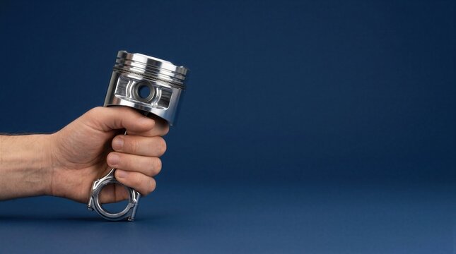 Hand holding a chrome engine piston with connecting rod on blue background. Metal automotive engine part close-up. Car repair and machinery components. Spare parts and copy space.
