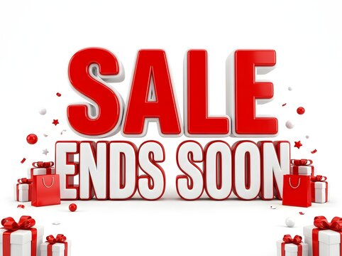 Big red sale ends soon text with gift boxes for holiday shopping