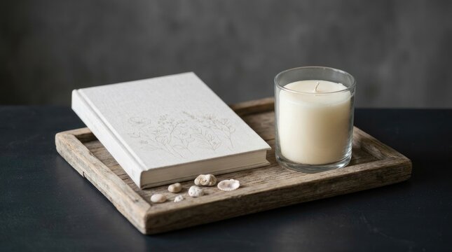 Cozy still life with open book warm drink and decorative stones on wooden tray