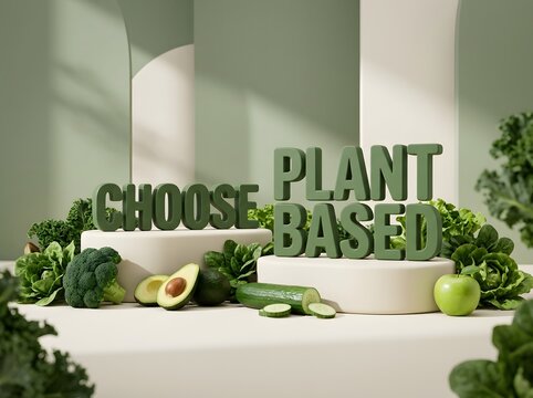 Choose plant based text sign with fresh green vegetables and fruit
