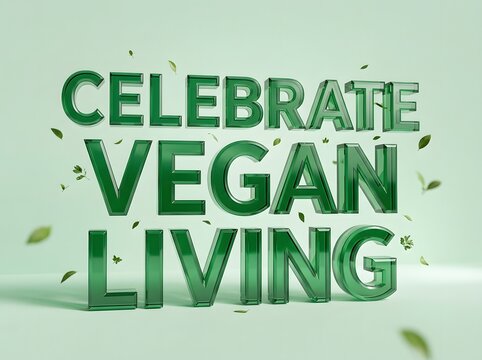 Celebrate vegan living green 3d text with floating leaves