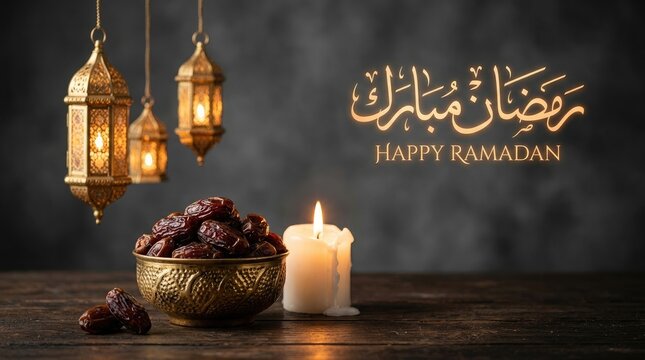 Ramadan still life with dates lanterns and a burning candle on a wooden surface