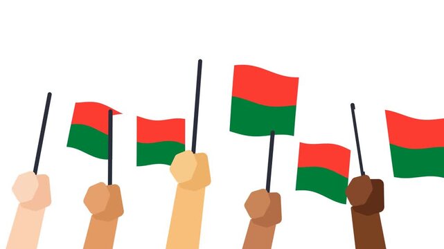 Burkina Faso flags waving in wind held by hands Burkinabe national celebration animation white background