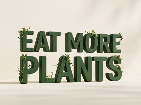 Eat more plants text sign with growing green leaves and vines