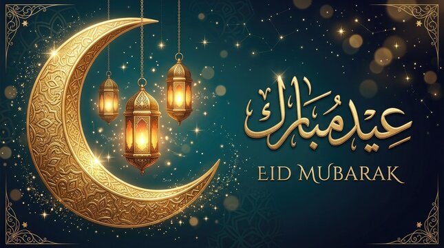 Golden crescent moon and lanterns celebrate the islamic eid al fitr holiday