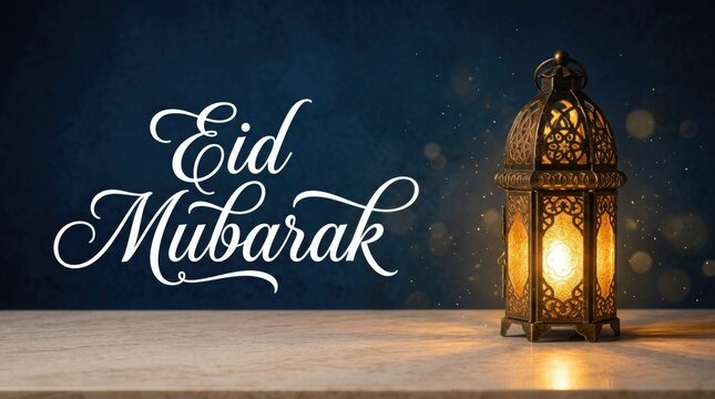 Elegant eid mubarak greeting with a glowing lantern and dark background