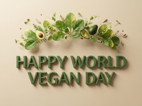 Happy world vegan day text with fresh green leaves and vegetables