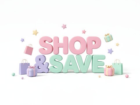 Shop and save text with colorful gift boxes and shopping bags