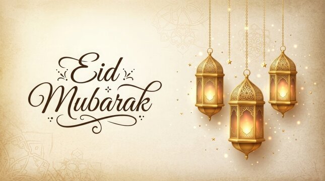 Elegant eid mubarak calligraphy with glowing lanterns on a warm beige background