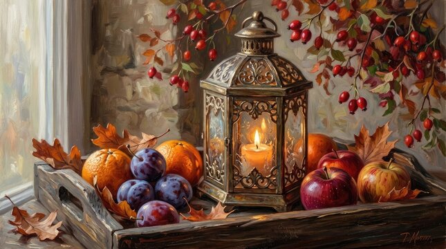 Autumn still life with glowing lantern pumpkins plums and seasonal fruit display