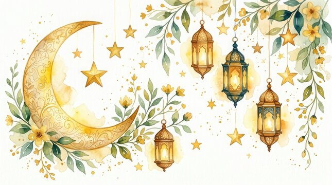 Watercolor illustration of a crescent moon with lanterns and floral elements