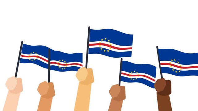 Cape Verde flags waving in wind held by hands Cabo Verde national celebration animation on white background