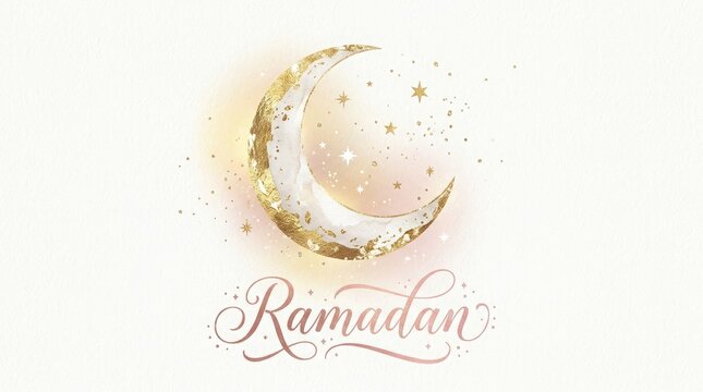 Elegant ramadan greeting with gold foil calligraphy and watercolor pastel background