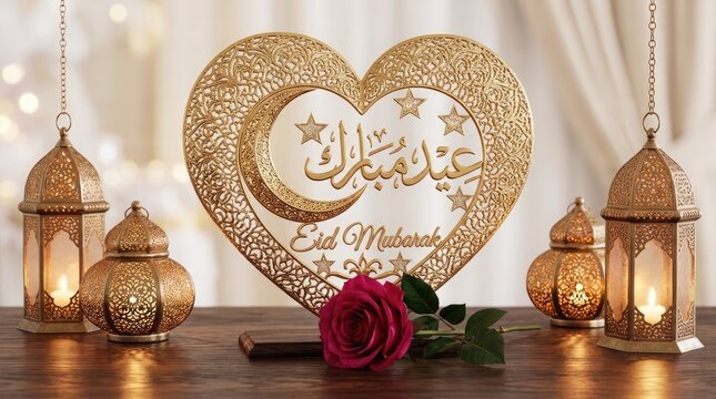 Golden heart shaped calligraphy with lanterns for ramadan or eid celebration