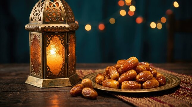 Ramadan still life with ornate lantern and a plate of traditional dates