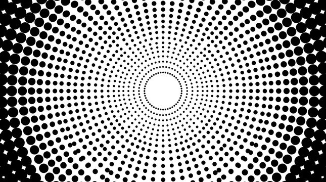 Abstract black and white halftone dots pattern arranged in a circular radial tunnel shape for modern graphic design art