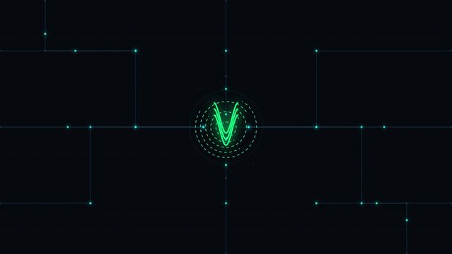 Futuristic digital interface featuring a glowing green letter V logo.