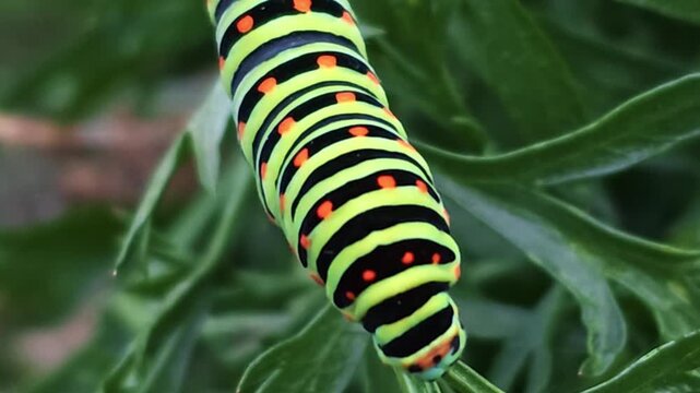 Head of a swallowtail caterpillar chewing a leaf filmed in very tight framing