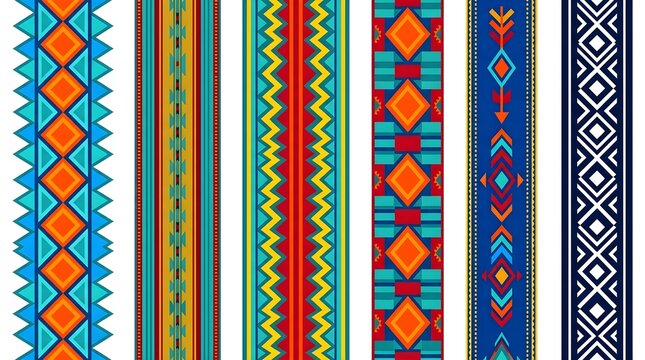 Set of colorful geometric tribal ethnic pattern borders for textile design and fabric decoration in traditional style