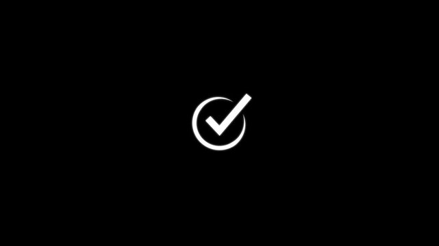 Minimalist white color Check mark icon, tick mark symbol ok button Chick mark animation on circle on black solid screen with Motion graphics with alpha chanel.