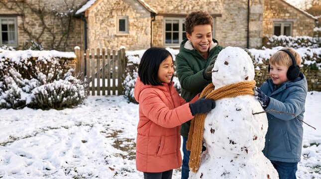 A playful trio of children drape a mustard knitted scarf around a tall snowman beside a charming stone cottage, working together in a quiet residential garden softened by snow on a winter afternoon