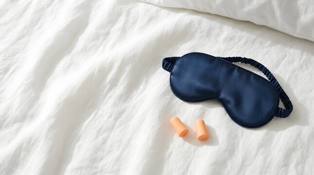 Dark blue sleep mask and orange earplugs on white comfortable bed sheets