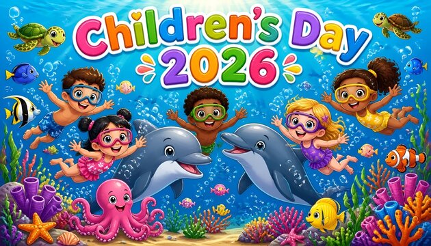 Diverse children swimming and riding on dolphins in a underwater ocean scene childrens day