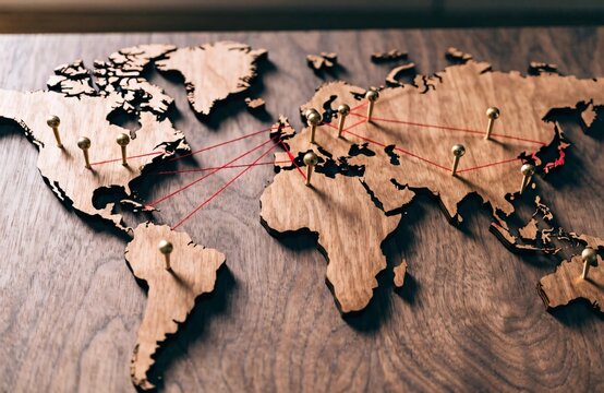 A detailed wooden world map on a rustic desk with golden pins and red strings connecting nations