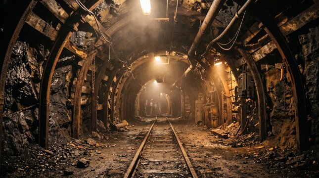 Deep underground coal mine tunnel with industrial rail tracks, arched steel supports, and warm hanging lanterns illuminating the hazy and dusty atmosphere of the mining shaft.