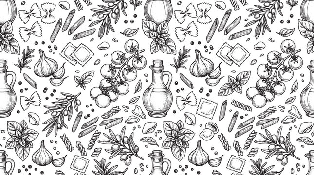 Hand drawn seamless pattern of Italian food ingredients including pasta tomatoes garlic olive oil and fresh basil leaves