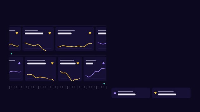 Seamless 4K looping finance animation: dual ticker rows opposite directions. Flat vector trading terminal with grid, axis ticks and blank readout cards in deep blue on a deep dark background, leaving 