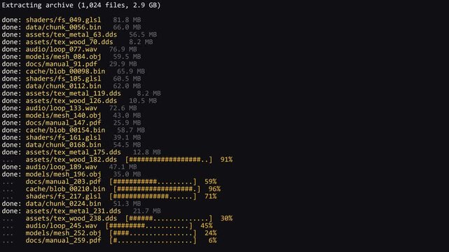 Terminal displays archive extraction with file lists and yellow progress bars in horizontal format. Command line interface processes thousands of files for software installation themes.