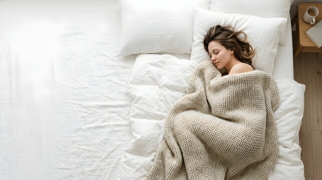 Woman sleeping peacefully in bed with a chunky knit blanket overhead