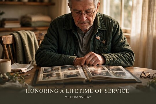 Senior veteran looking at old photographs in a photo album at home, honoring a lifetime of service on veterans day