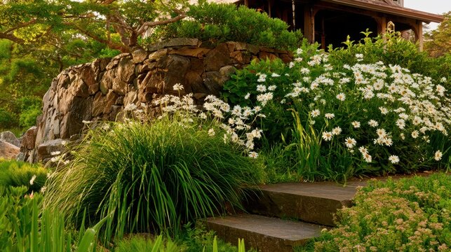 Rockery with white flowering plants and stone steps