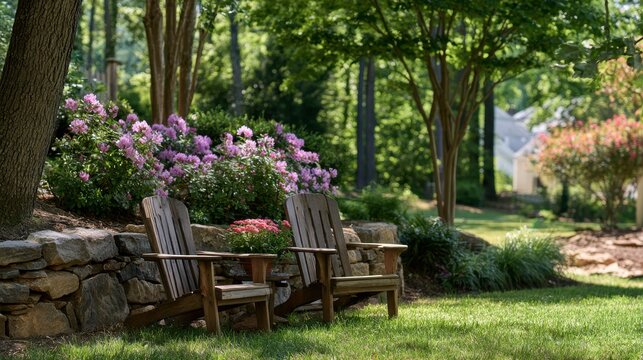 Wooden chairs arranged beside stone wall in garden