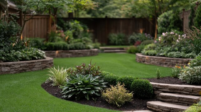 Manicured backyard lawn with stone borders and planting